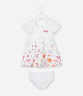 Vestido Infantil Texturizado com Estampa Floral - Tam 0 a 18 meses