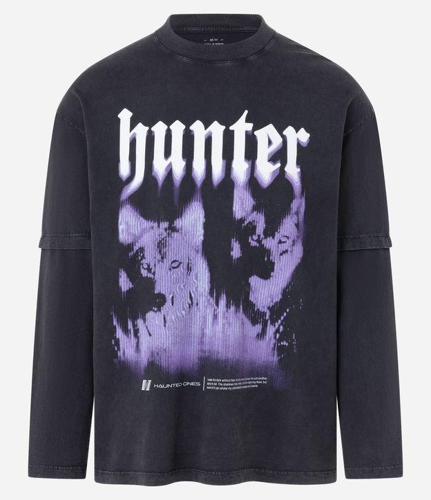 Camiseta Relaxed em Algodão com Manga Sobreposta e Estampa de Lobos Hunter - 1