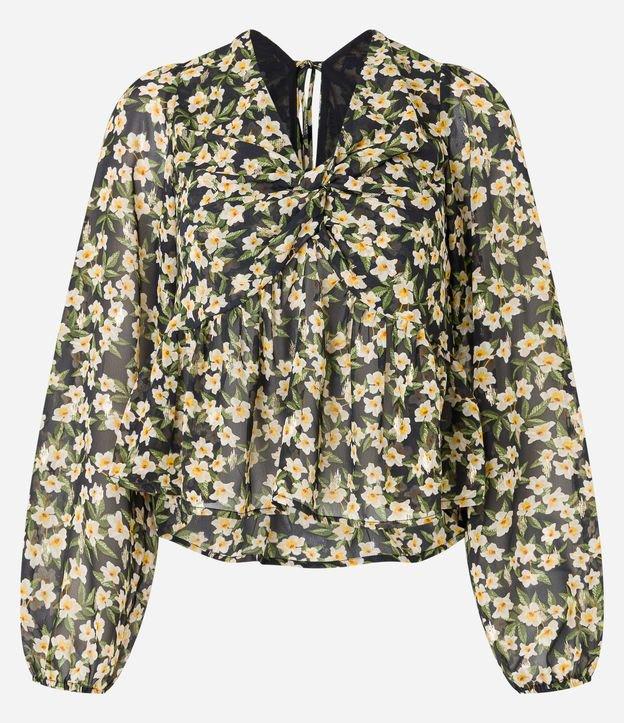 Blusa Curta em Chiffon com Amarração e Estampa Floral - 1