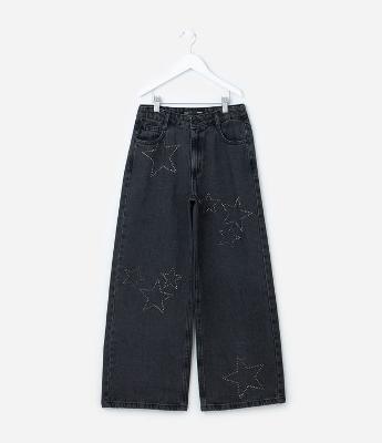 Calça Wide Leg Infantil Jeans com Brilhos - Tam 5 a 14  Anos
