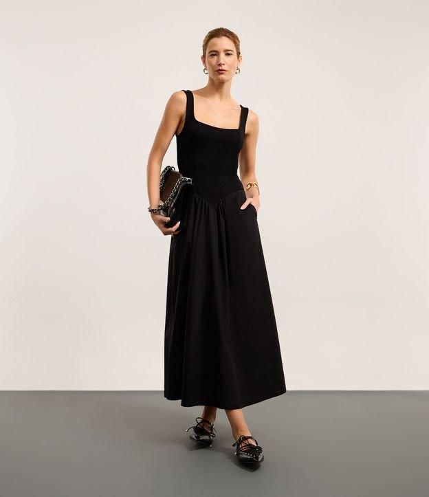 Vestido Longo Corset em Mix de Tecidos e Decote Quadrado - 1
