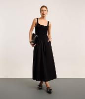 Vestido Longo Corset em Mix de Tecidos e Decote Quadrado - 1