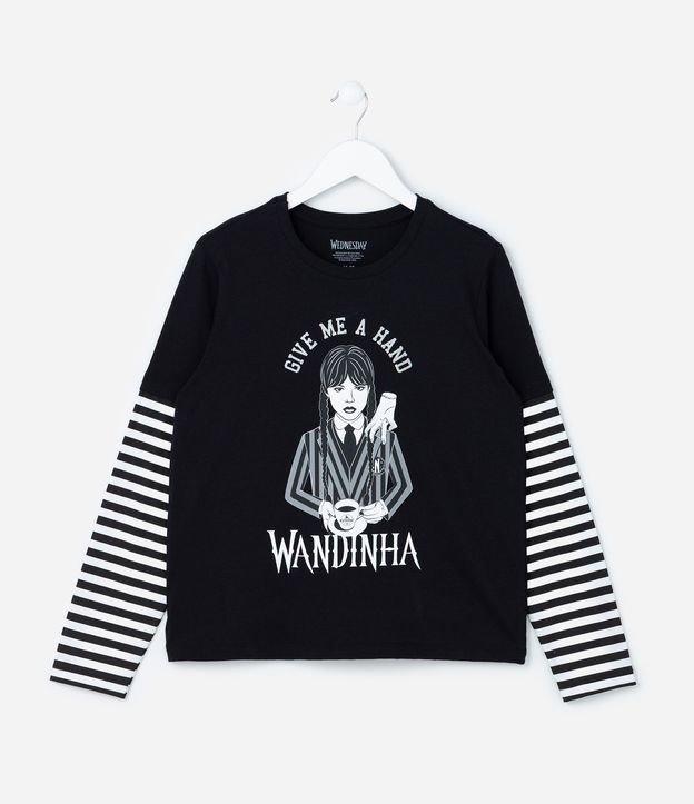 Camiseta Infantil com Estampa Wandinha e Listras - Tam 5 a 14 Anos - 1