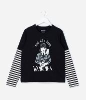 Camiseta Infantil com Estampa Wandinha e Listras - Tam 5 a 14 Anos - 1