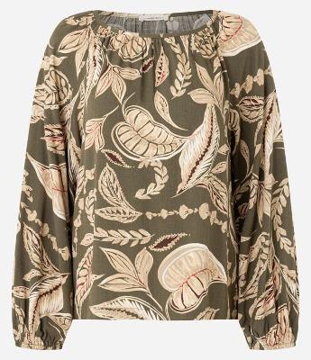 Blusa em Viscose com com Elástico no Decote e Estampa Folhagem