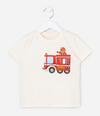 Camiseta Infantil com Bolsinho e Estampa Bombeiro - Tam 1 a 6 Anos