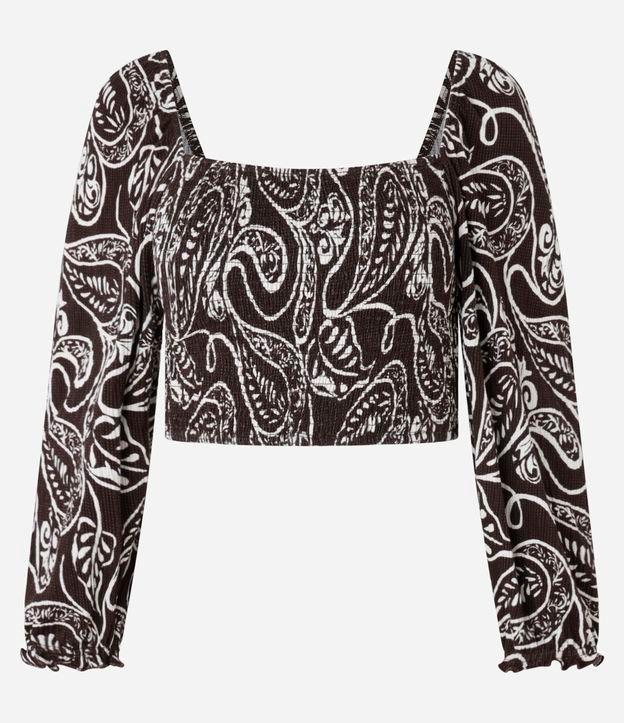 Blusa Cropped Texturizado com Lastex no Corpo e Estampa Paisley - 1
