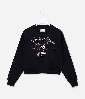 Moletom Infantil Quentinho com Laço de Paetê e Lettering - Tam 5 a 14 anos