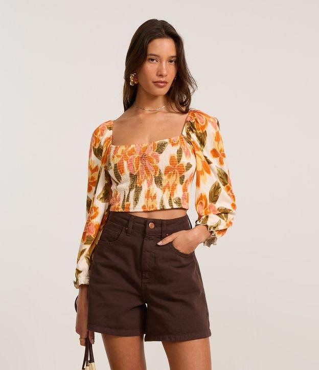Blusa Cropped Texturizado com Lastex no Corpo e Estampa Floral - 2