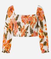 Blusa Cropped Texturizado com Lastex no Corpo e Estampa Floral - 1