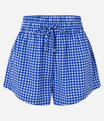 Saída de Praia Short em Chiffon Xadrez Vichy com Cintura Alta Cordinhas