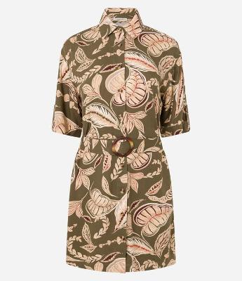 Vestido Boho Chemise Curto em Viscose com Estampa Folhagem