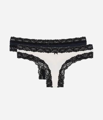 Kit 02 Calcinhas Biquíni Fio em Microfibra com Renda nas Cavas