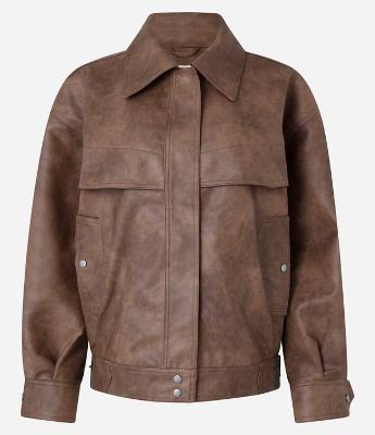 Jaqueta Oversized em PU com Efeito Manchado e Bolsos Frontais