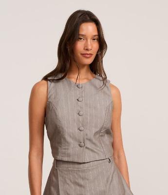 Colete em Alfaiataria com Listras e Abotoamento Frontal