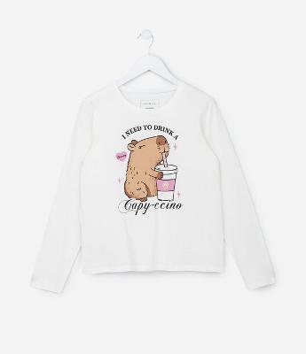 Camiseta Infantil com Estampa Capivara Capyccino - Tam 5 a 14 Anos