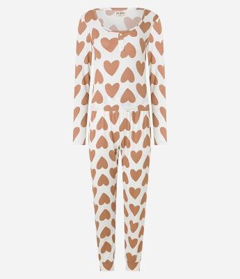 Pijama Longo Canelado com Estampa de Corações