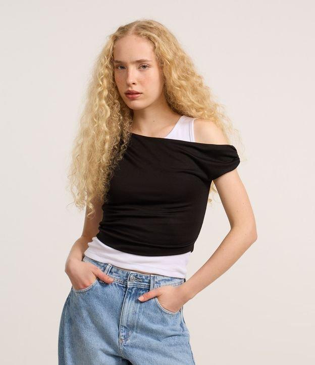 Blusa Regata Dupla com Sobreposição Ombro Caído e Drapeados - 1