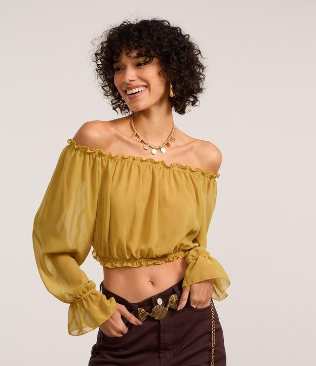 Blusa Cropped em Chiffon com Decote Ombro a Ombro - 1