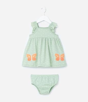 Vestido Infantil com Babadinhos e Bordado Borboleta  - Tam 0 a 18 meses