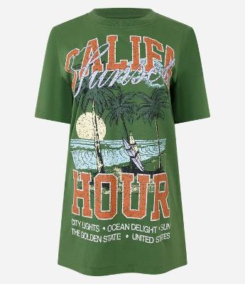 Camiseta Alongada em Algodão com Estampa Califa