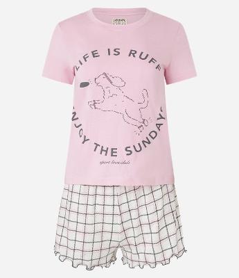 Pijama Short Doll em Algodão com Estampa Doguinho e Short Xadrez