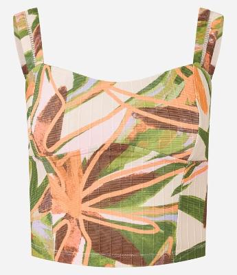 Blusa Cropped Texturizado com Lastex e Estampa de Folhagem