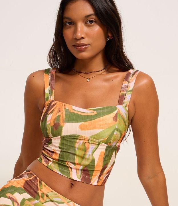 Blusa Cropped Texturizado com Lastex e Estampa de Folhagem - 2