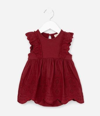 Vestido Body Infantil com Babado Broderie - Tam 0 a 18 meses