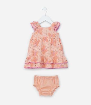 Vestido Infantil com Babados Broderie e Borboletas - Tam 0 a 18 meses