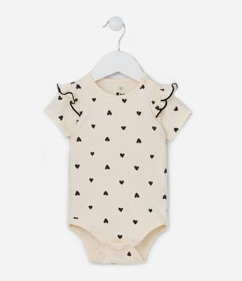 Body Infantil com Babados e Estampa de Corações - Tam 0 a 18 meses