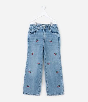 Calça Balloon Infantil em Jeans com Bordado de Cerejas - Tam 5 a 14 Anos