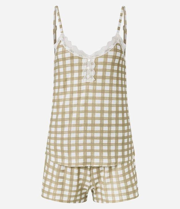 Pijama Short Doll em Peach Touch com Estampa Xadrez Vichy e Detalhe de Renda - 1