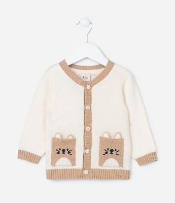 Cardigan Infantil com Bolsos Carinha de Bichinhos - Tam 0 a 18 meses