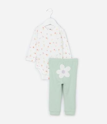 Conjunto Infantil em Suedine com Bordado Flor - Tam RN a 18 meses