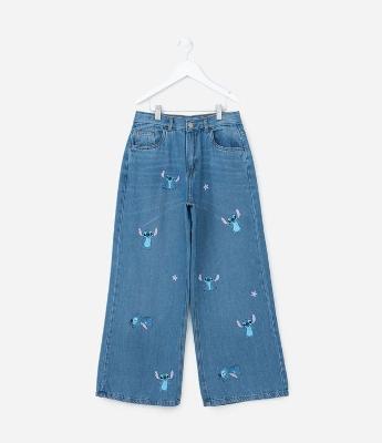 Calça Reta Infantil Jeans com Estampa Stitch - Tam 5 a 14 Anos