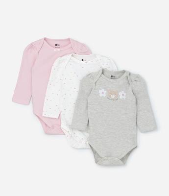 Kit 03 Bodies Infantis com Estampa Urso e Flores - Tam RN a 18 meses