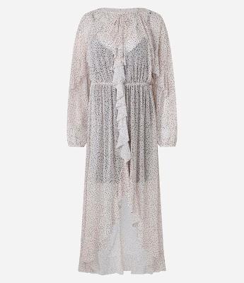 Vestido Longo em Tule Poá com Babados e Forro Contrastante