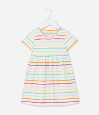 Vestido Infantil Canelado com Estampa Listrada - Tam 1 a 6 Anos