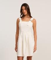 Vestido Curto em Sarja com Alça com Ajustadores e Saia Plissada - 1