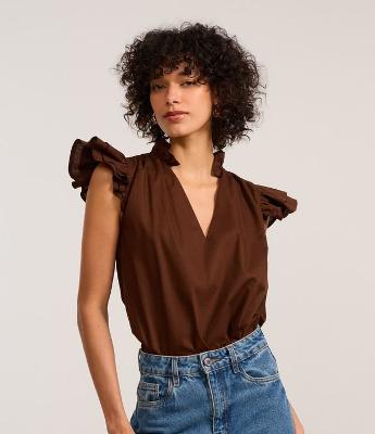 Blusa em Tricoline com Manga Borboleta e Decote em V com Gola Alta