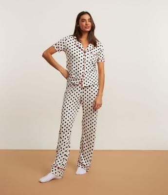 Pijama Americano Longo com Estampa Poá e Detalhes Contrastantes