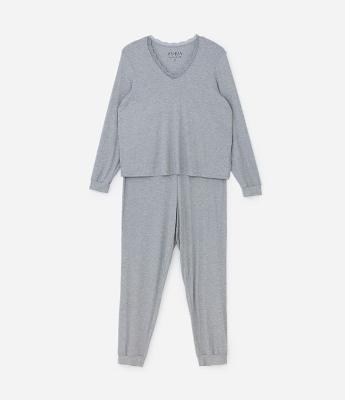 Pijama Longo Canelado com Renda no Decote Curve & Plus Size