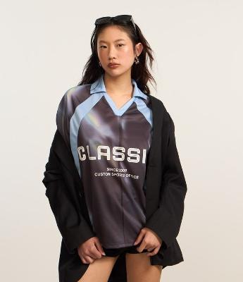 Camiseta Oversized em Algodão Esportiva com Gola Polo e Lettering Classic