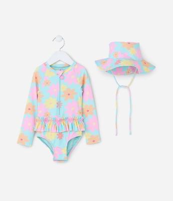 Conjunto Infantil com Proteção UV e Estampa Floral - Tam 1 a 4 Anos