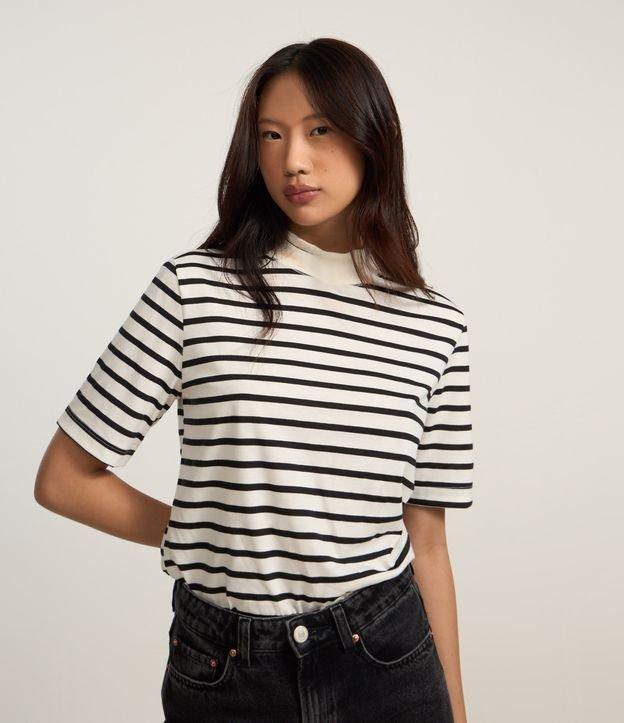 Camiseta em Algodão com Gola Alta e Listras - 1