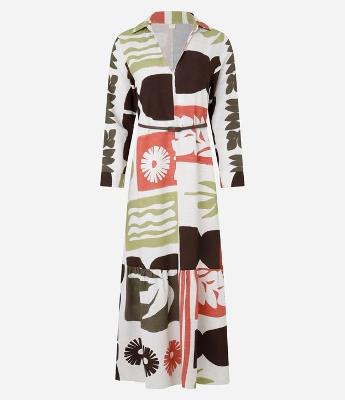 Vestido Chemise Evasê Midi em Viscolinho com Estampa Xilogravura