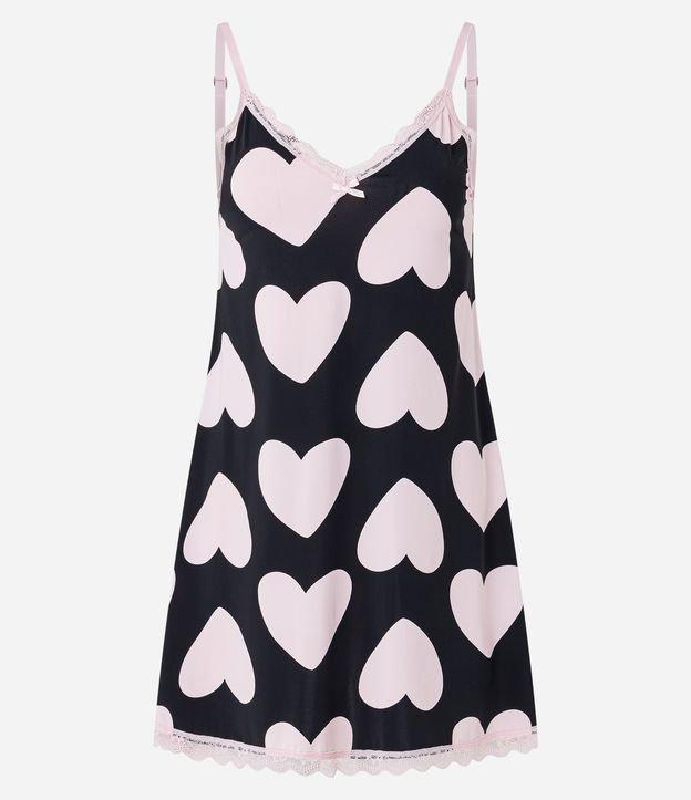 Camisola de Alça Fina Ajustável em Microfibra com Estampa de Coração e Renda - 1