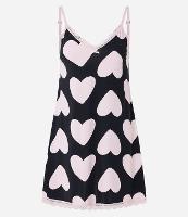 Camisola de Alça Fina Ajustável em Microfibra com Estampa de Coração e Renda - 1