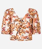 Blusa Cropped Texturizada com Busto Torcido e Estampa Bananas - 1